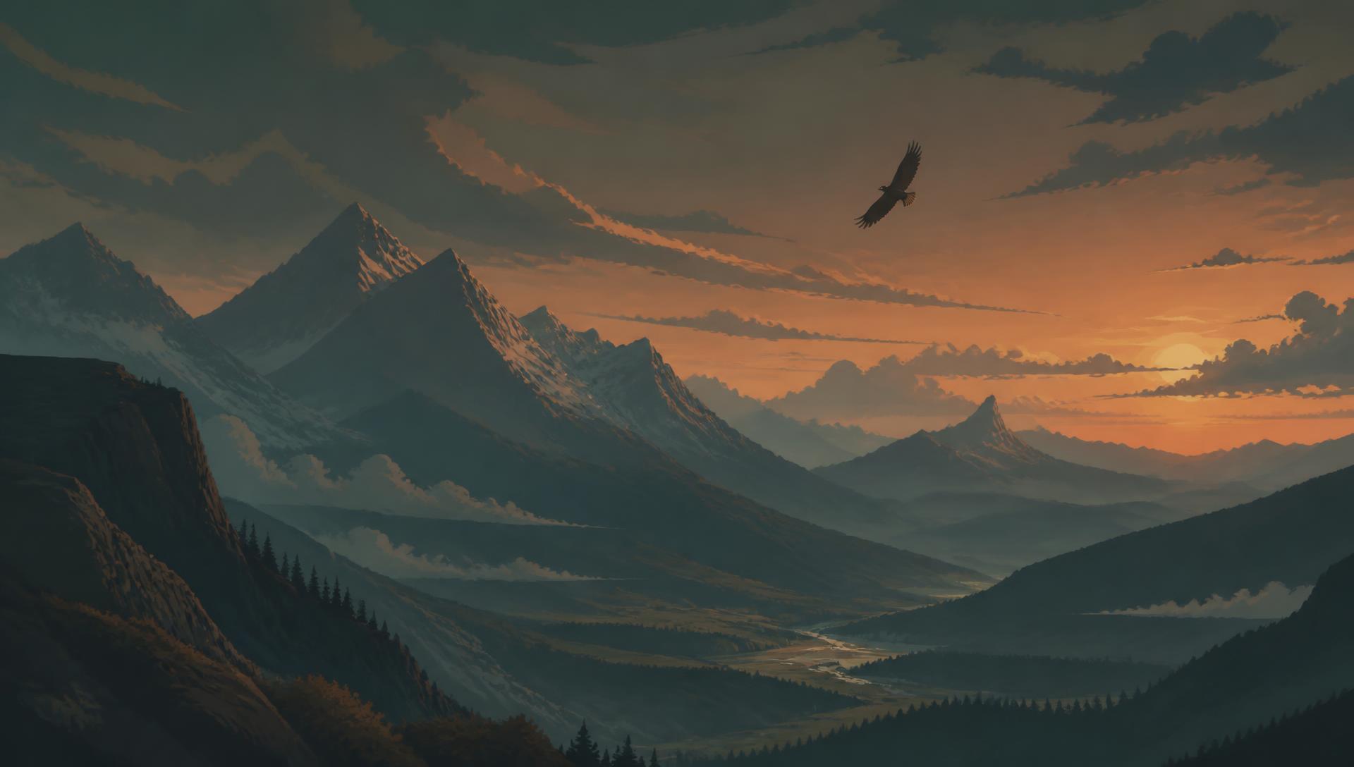 A falcon soaring over a dusk mountain valley